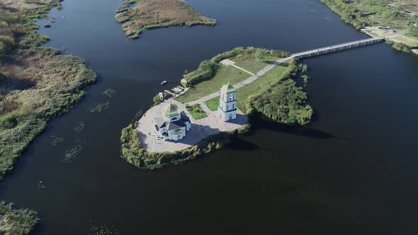 Aerial View of the Church of the Transfiguration of the Savior on an Island in the Middle of the