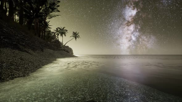 Beautiful Fantasy Tropical Beach with Milky Way Star in Night Skies alt