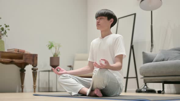 Peaceful Asian Man Meditating on Yoga Mat at Home alt