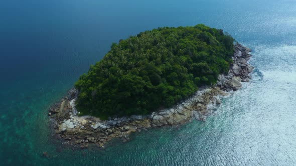 Fly towards tropical island with stony coast and green forested on top, palm trees crown in middle o alt