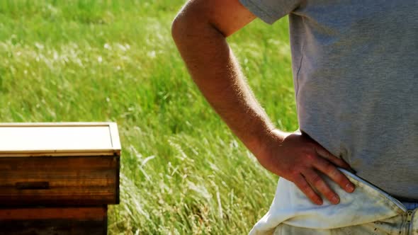 Confident beekeeper standing with hands on hip alt