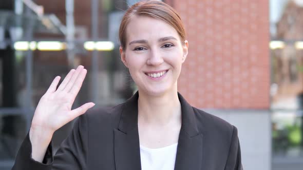 Hello Welcoming Young Businesswoman Standing Outdoor alt