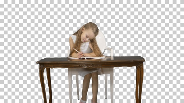 Cute little girl doing homework, writing down, Alpha Channel