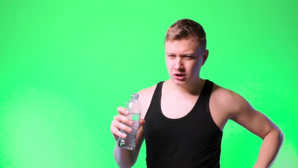 Young Man Athlete Tired Drinks Water Fitness Fierce Victory Chromakey