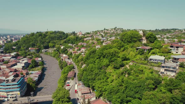 Aerial View of Historic Houses at the Rioni River Kutaisi Imereti Region Caucasus Georgia alt