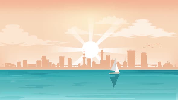 Motion Graphic Of Reflection Of City On The Lake Or River and Boat