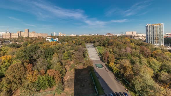 Aerial Panoramic View to a Staircase with Fountains in the Shevchenko Garden Timelapse alt