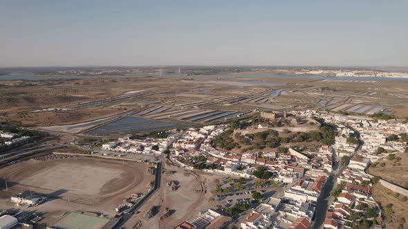 Panoramic aerial of Castro Marim, charming town with Medieval Castle, Algarve, Portugal alt