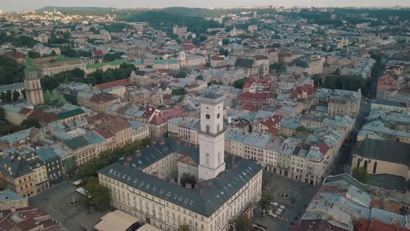 Aerial Drone Footage of European City Lviv, Ukraine, Flight Above Popular Ancient Part of Old Town alt
