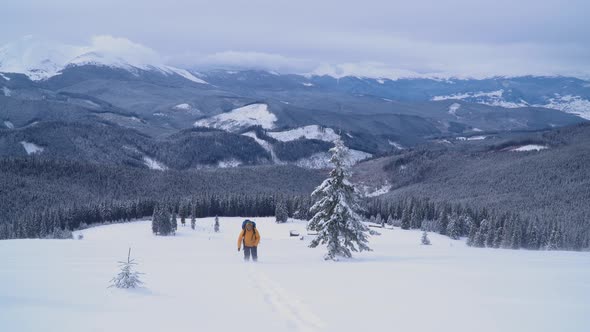 Tourist with a Backpack Climbs the Snowy Slope alt