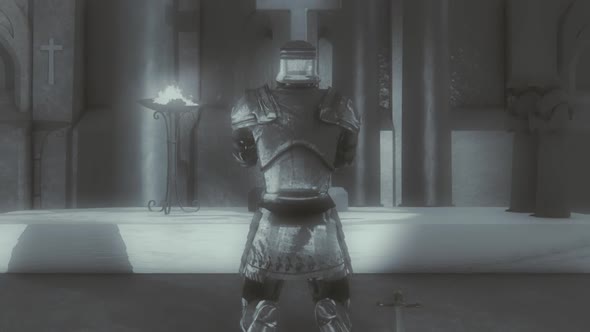 Medieval Paladin Knight On His Knees Praying Inside A Church Or A Monastery alt