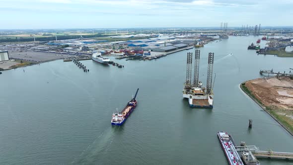 Self Unloading Bulk Carrier Vessel Aerial View Arriving at Port alt