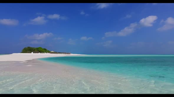 Aerial flying over seascape of beautiful bay beach break by blue water and bright sand background of alt