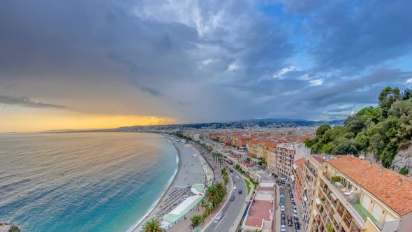 Sunset Over Nice City and Mediterranean Sea Aerial Timelapse alt
