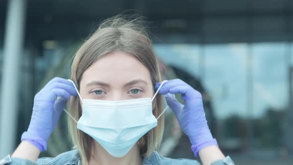 Close Up Portrait of a Young Blonde Girl Who Puts on a Medical Mask.