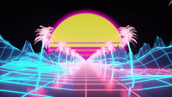 Retro 80s Style Synthwave Sunrise with Palm Trees in Perfect Loop alt