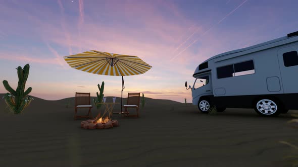 Camper Recreational Vehicles At Sunset In Desert