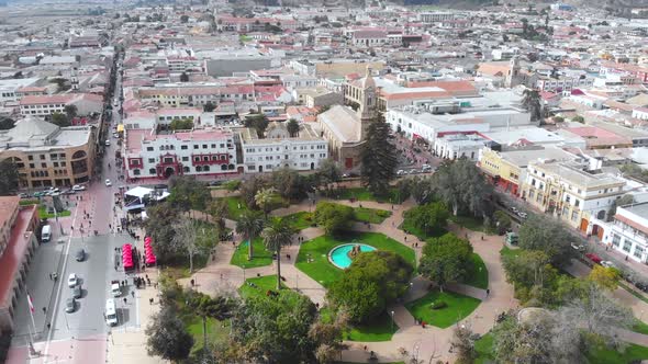 Main square Plaza Armas (La Serena, Chile) aerial view, drone footage alt