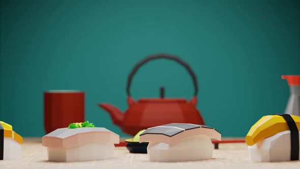 3d render illustration Sushi Close Up camera Move Right on a Table Spread.
