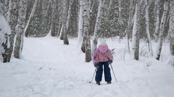 Cute Little Girl Cross Country Skiing in a Park alt