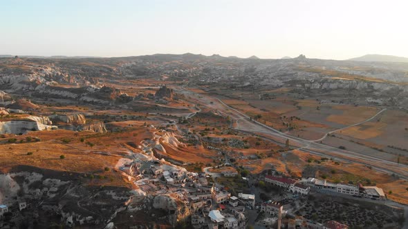 Aerial Drone Sunset View to Cappadocia Valleys Goreme Turkey alt