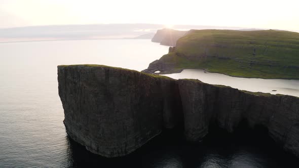 Aerial drone video flying over of Sorvagsvatn lake