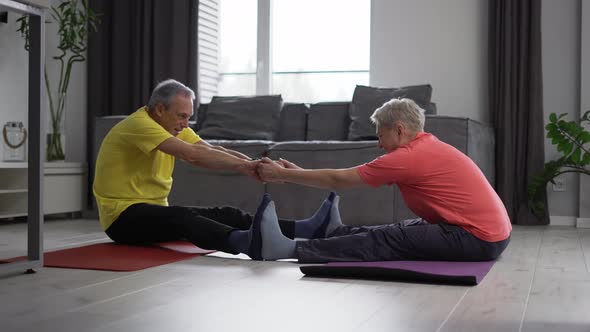 Active Mature Couple Performing Stretching Exercise Together on the Yoga Mat alt