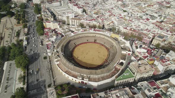 Aerial orbit at Maestranza bullring in Seville, historic bullfighting heritage
