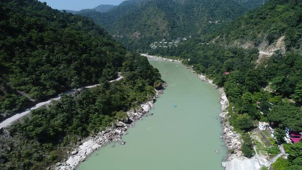 The Ganges river near Rishikesh state of Uttarakhand in India seen from the sky alt