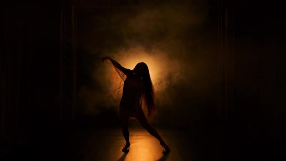 Sensual Young Woman Dancing and Swinging Her Long Hair in a Dark Smoky Studio Against a Backdrop of alt