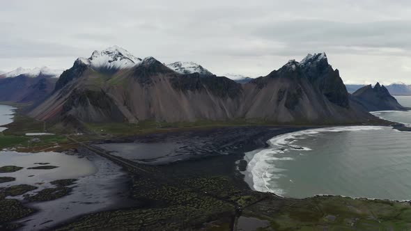 Drone Over Black Sand Beach Towards Vestrahorn Mountain alt