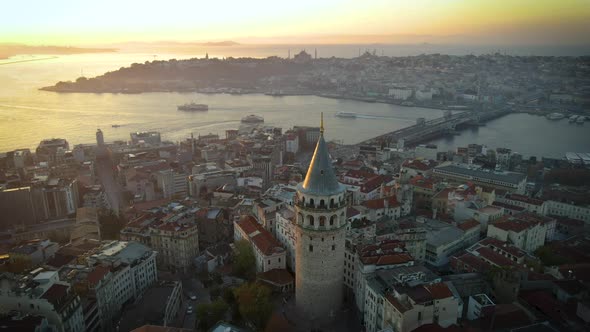 istanbul, Galata Tower aerial view at sunrise.