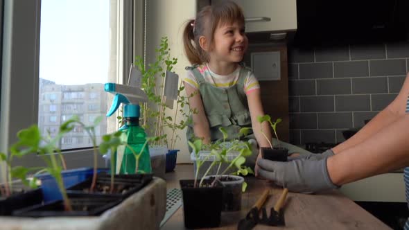 Mother showing her daughter how to take care of plants