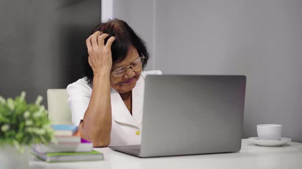stressed senior woman working on laptop computer