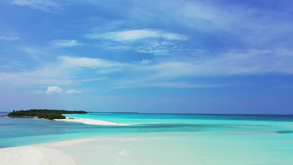 Aerial top down panorama of exotic sea view beach vacation by blue sea and white sandy background of alt