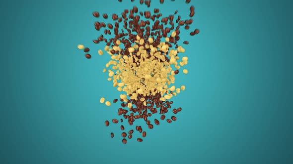 Brown grains that are creating a silhouette of the coffee cup with foam.