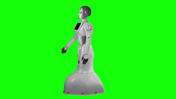 Robot Is Standing and with a Hand Gesture Calls To Itself. Green Screen. Side View alt