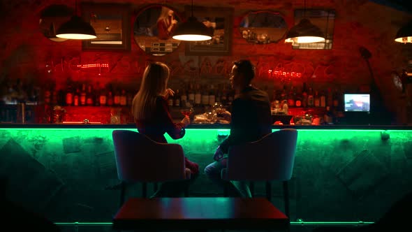 A Bewitching Couple Having a Date in the Bar - Sitting By Stand and Having a Talk alt