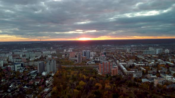 Aerial epic city at sunset, Kharkiv center streets