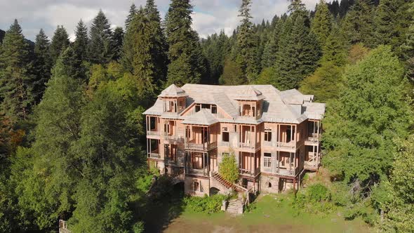 Gorgeous Aerial Summer View at Old Wooden House in Shovi Village Racha Georgia alt
