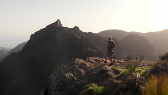 Man Walking to Viewpoint in the Mountains of Madeira Island