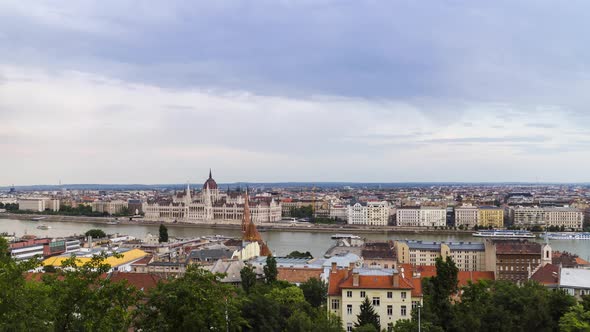 Time lapse, view from above on the Budapest city and Hungarian Parliament Building