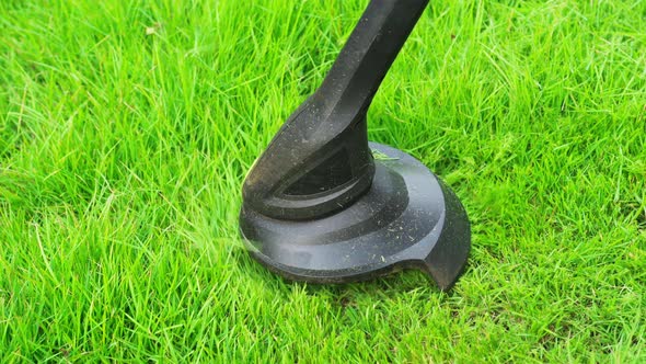 worker using a string lawn trimmer mower cutting grass at home