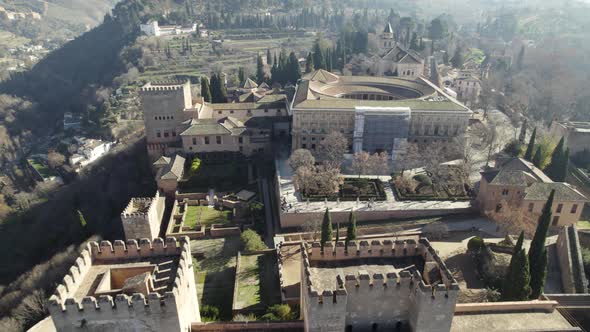 Grand Alhambra fortress on Sabika hill in Granada, Spain; aerial view