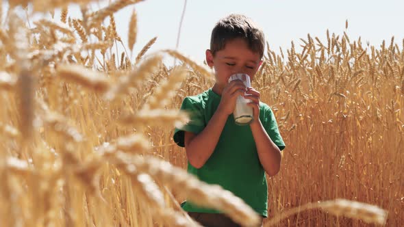 Happy Child Drinking Dairy Product in the Background of Nature alt