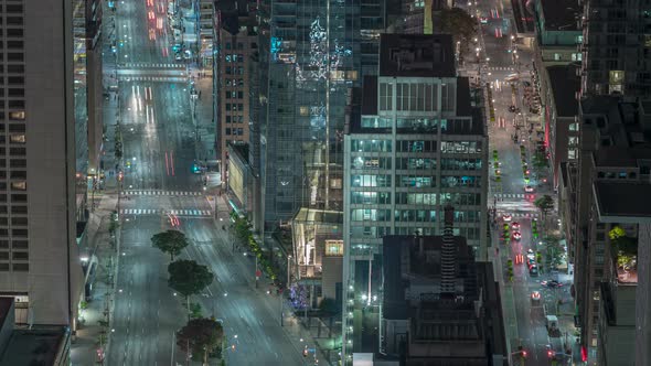 Time Lapse Birds Eye View Of Downtown City Streets With Traffic 