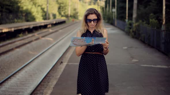 Female Traveler Waiting Train And Looking Town Plan On Navigation Map For Journey. City Paper Mapю alt