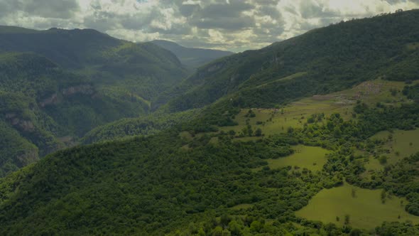 Beautiful natural scenery of tropical green forest with trees and mountain in background Drone Shot alt