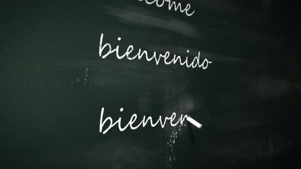 Chalk writing 'Welcome' word in multiple international foreign languages. alt