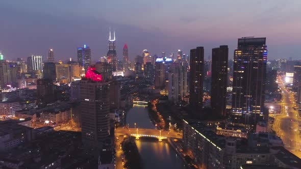Shanghai City at Night. Huangpu Cityscape. China. Aerial Shot alt